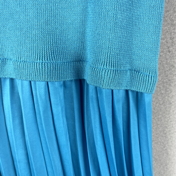 Avara Mixed Media Pleated Midi Dress Womens XL Blue Mock Neck Knit Satin Chic - Picture 13 of 15